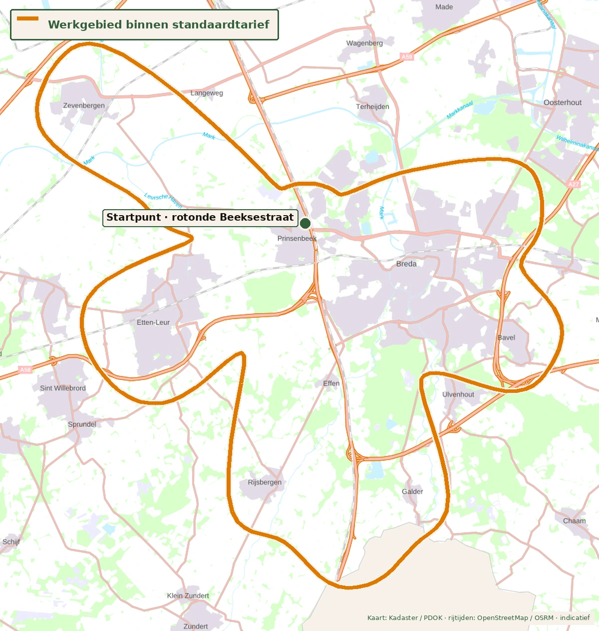 Werkgebied voor uitlaatservice en haal- en brengservice rondom Prinsenbeek