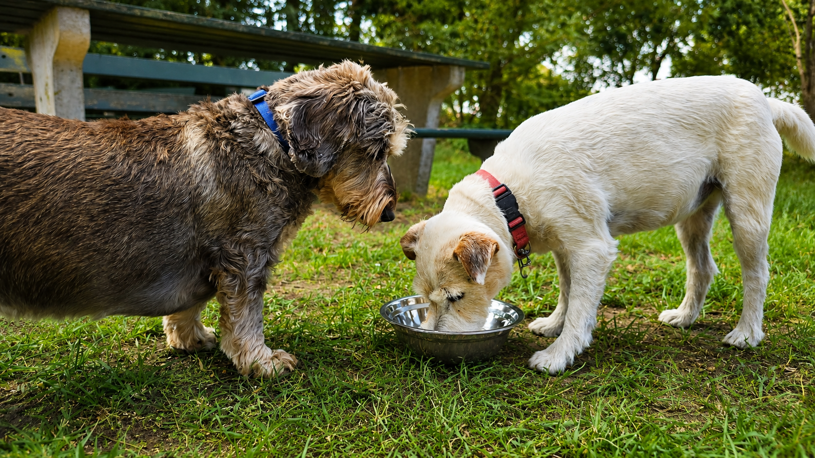 Twee honden drinken samen tijdens een wandeling met Honden Hoeve de Lies